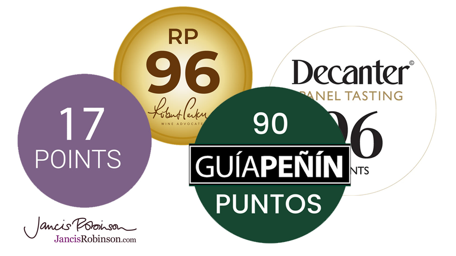 Several badges showing wine rating points