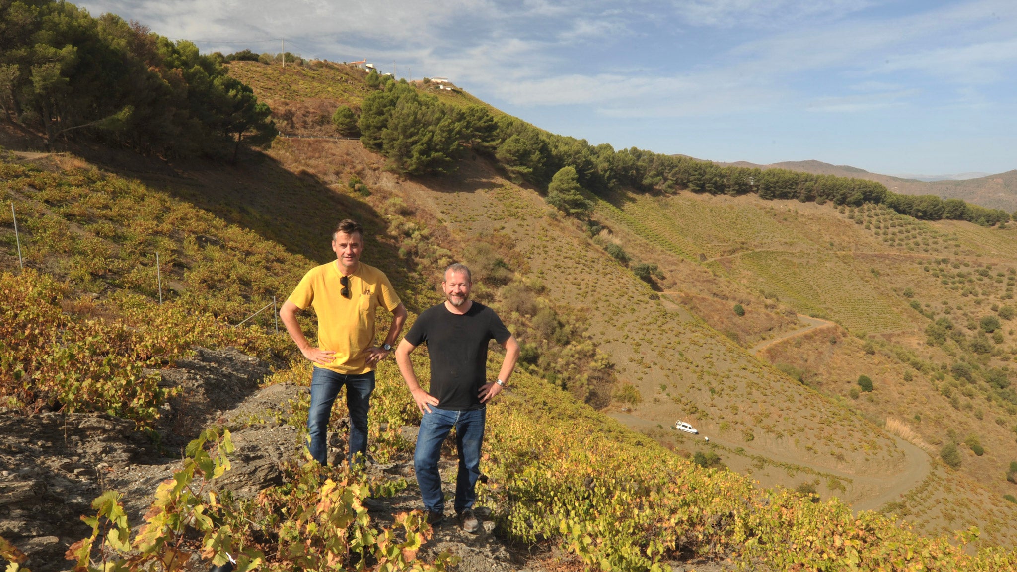 Matthew Desouter and Ben Giddings standing at the top of a steeply sloping vineyard in the Spanish wine region of Sierras de Malaga