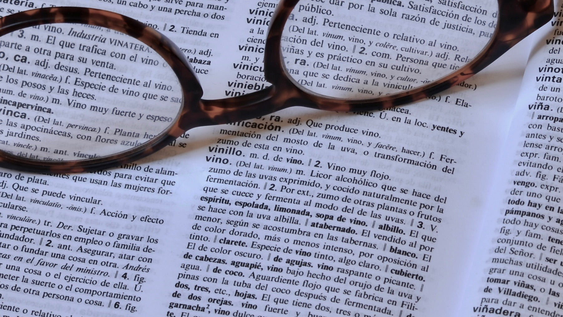 A pair of reading glasses lying on the page of an open dictionary