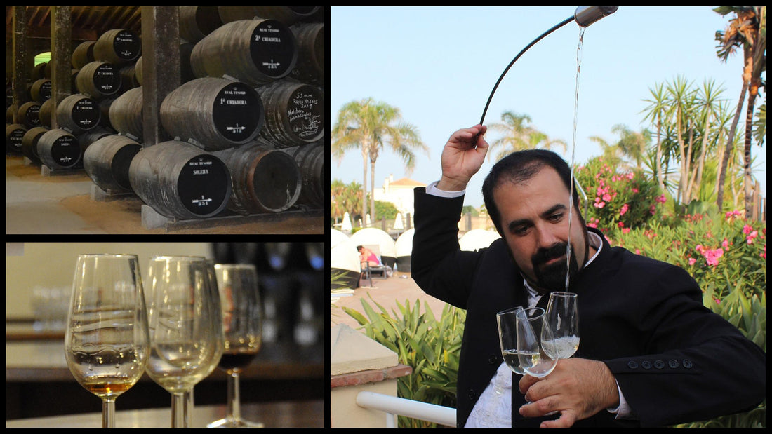 A collage of images including sherry glasses on a table, sherry barrels in a cellar and a 'venenciador' pouring sherry